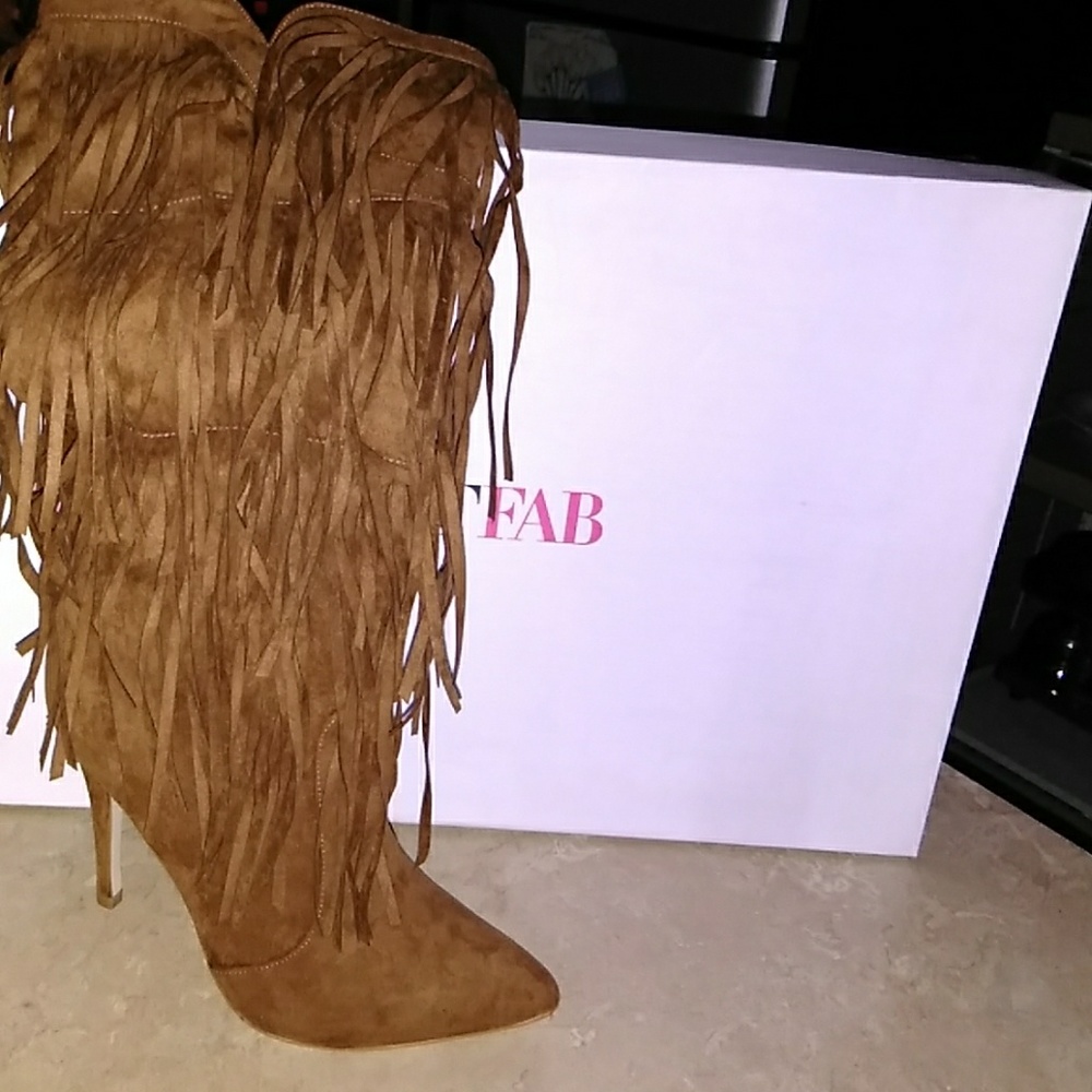 Ladies cognac fringed knee boots
